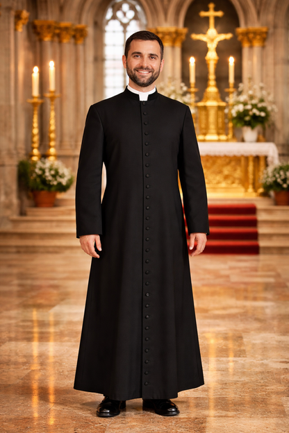 Priest in a black cassock standing in a cathedral with altar and candles in the background