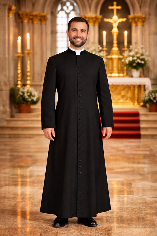 Priest in a black cassock standing in a cathedral with altar and candles in the background