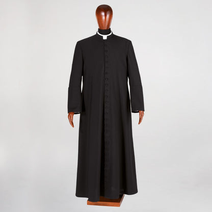 Roman clerical cassock in black with buttons. Made in Italy and sold by The Clergy Store