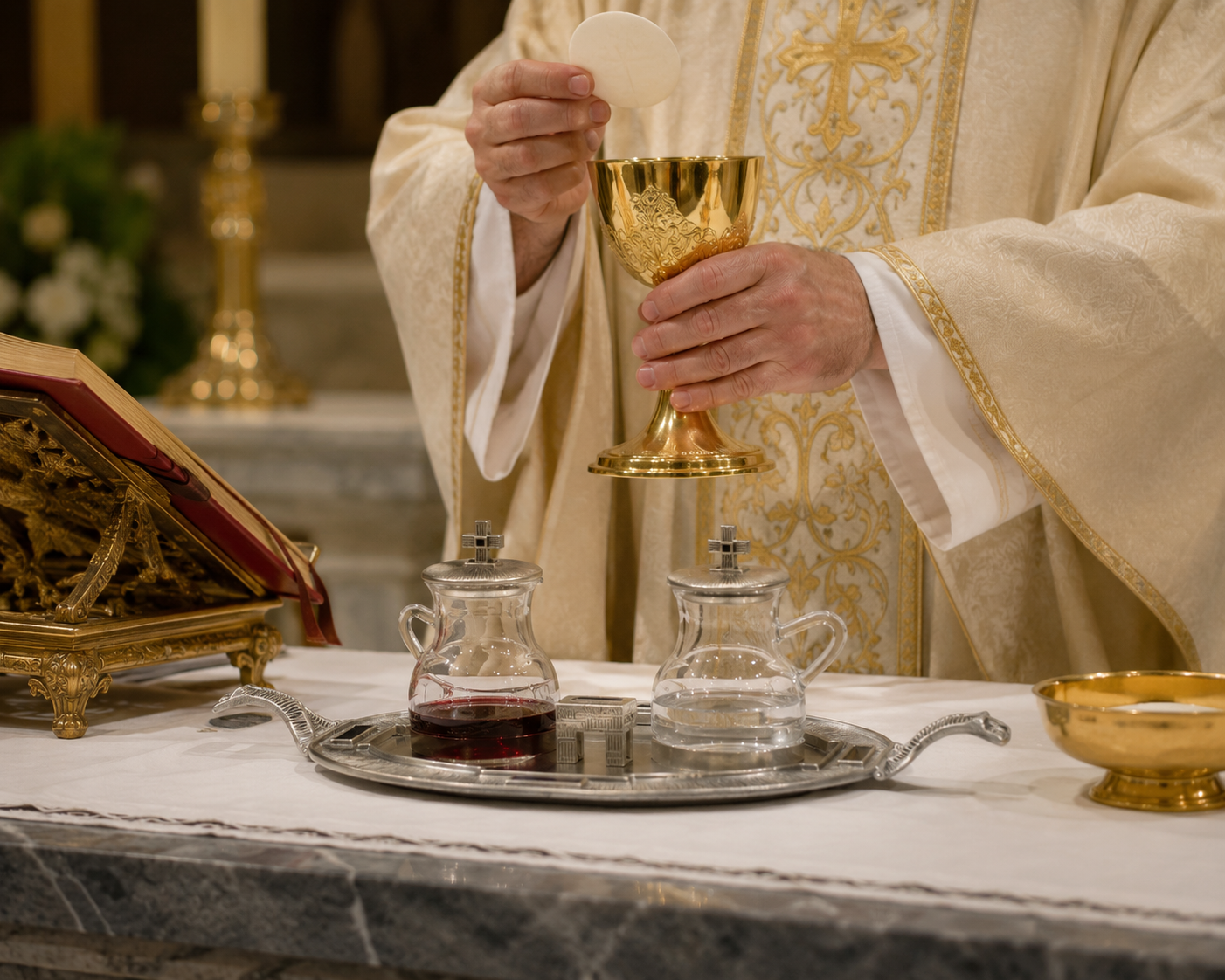 Priest in liturgical vestments holding a chalice with a cruet set crystal glass water and wine in silver finish.
