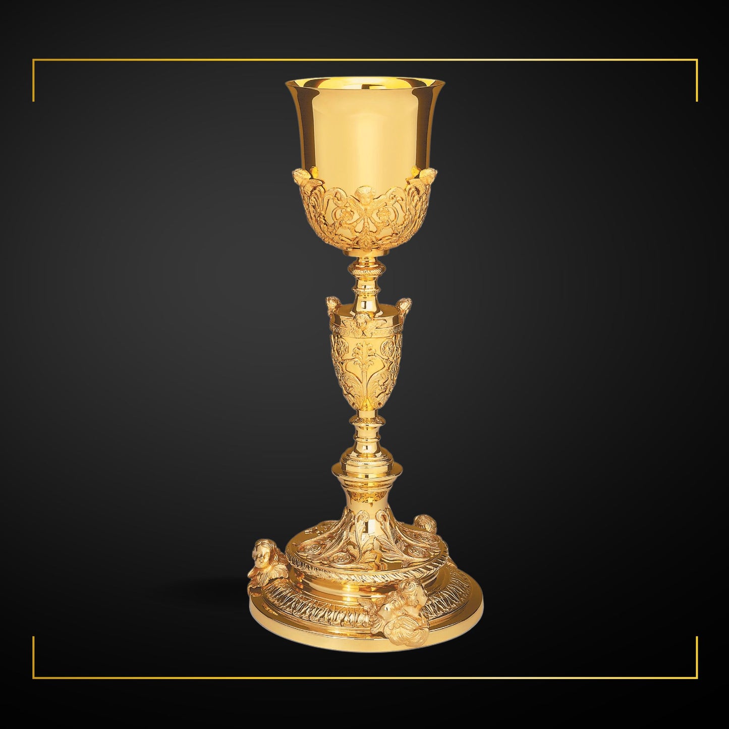 Chalice & Paten in empire style with angel figures, 11 3/4” Ht. sold by The Clergy Store