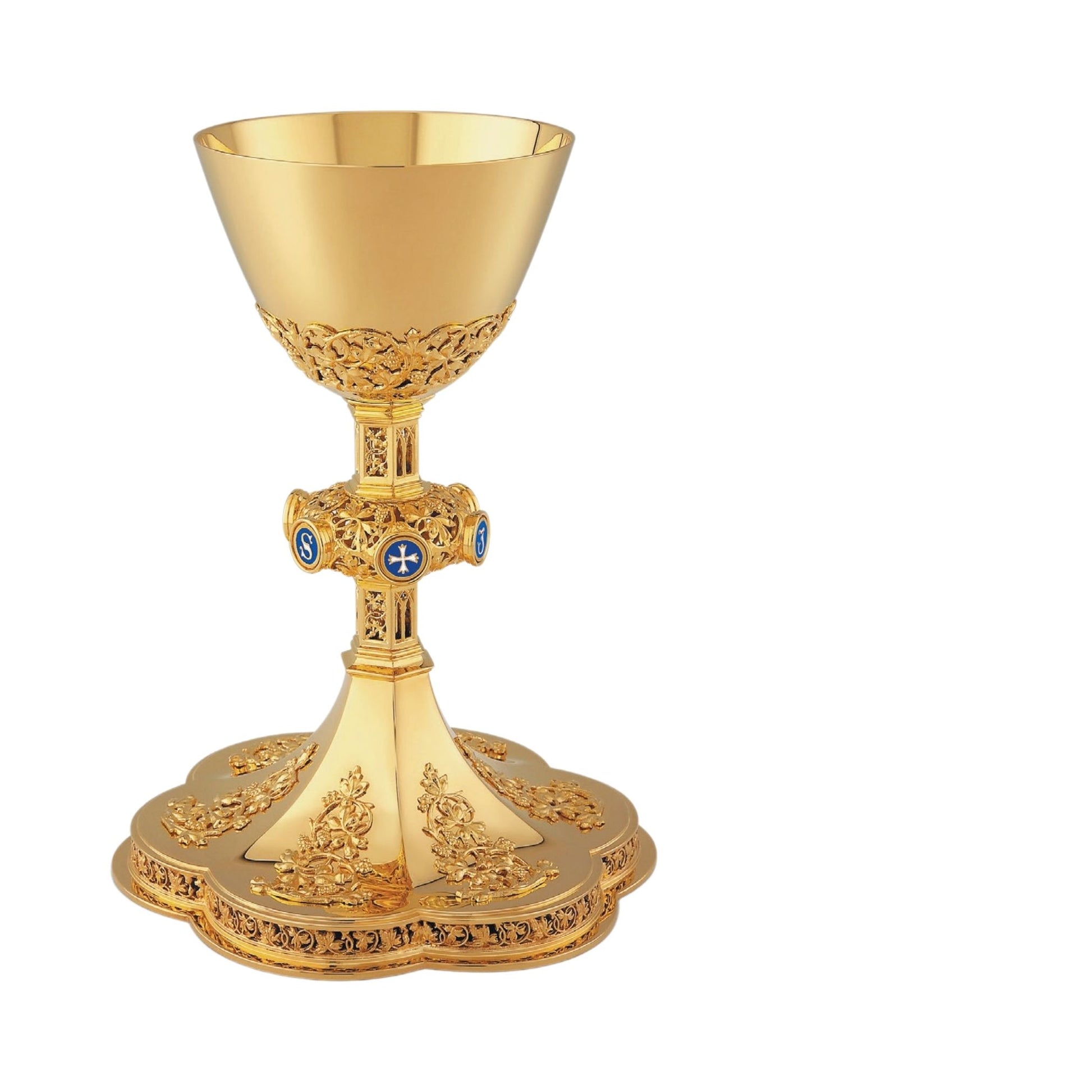 Chalice & Paten in neo-gothic style with blue enameled letters JESUS on node, sold by The Clergy Store