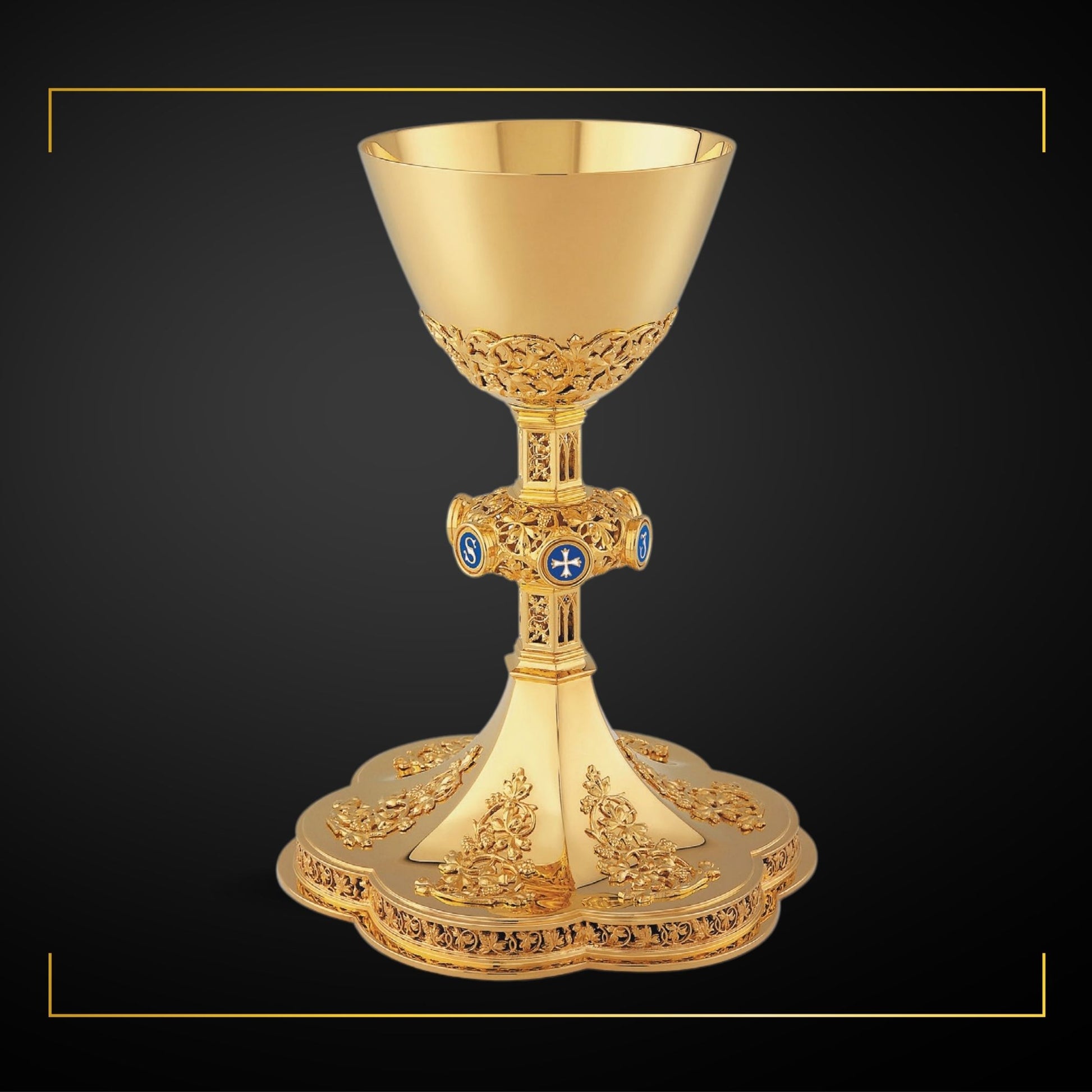 Chalice & Paten in neo-gothic style with blue enameled letters JESUS on node, sold by The Clergy Store