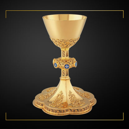 Chalice & Paten in neo-gothic style with blue enameled letters JESUS on node, sold by The Clergy Store