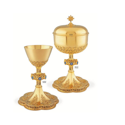 Chalice & Ciborium set neo-gothic style with blue enameled letters JESUS on node, Sold by The Clergy Store