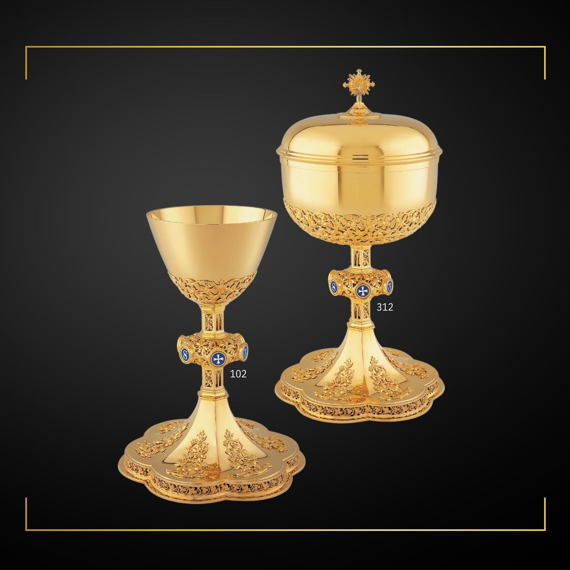 Chalice & Ciborium set neo-gothic style with blue enameled letters JESUS on node, Sold by The Clergy Store