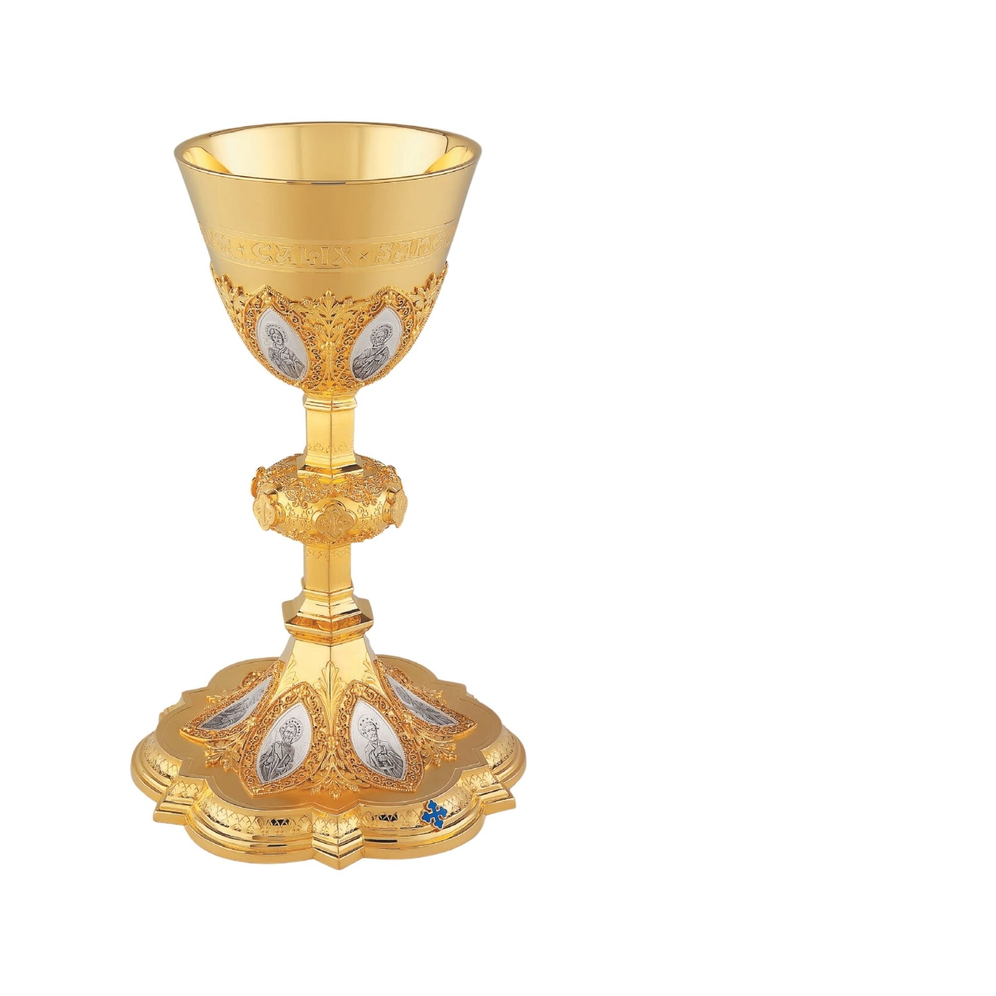 Chalice in neo-gothic style with medallions of the Twelve Apostles and cup inscription: “HIC EST ENIM CALIX SANGUINIS MEI” ,  9 7/8” Ht. Sold by The Clergy Store