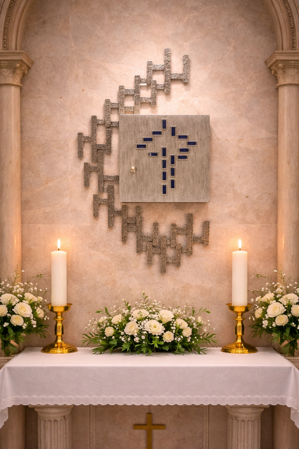Contemporary silver bronze tabernacle with cross and rays made from enamel stones. Made in Italy and sold by The Clergy Store