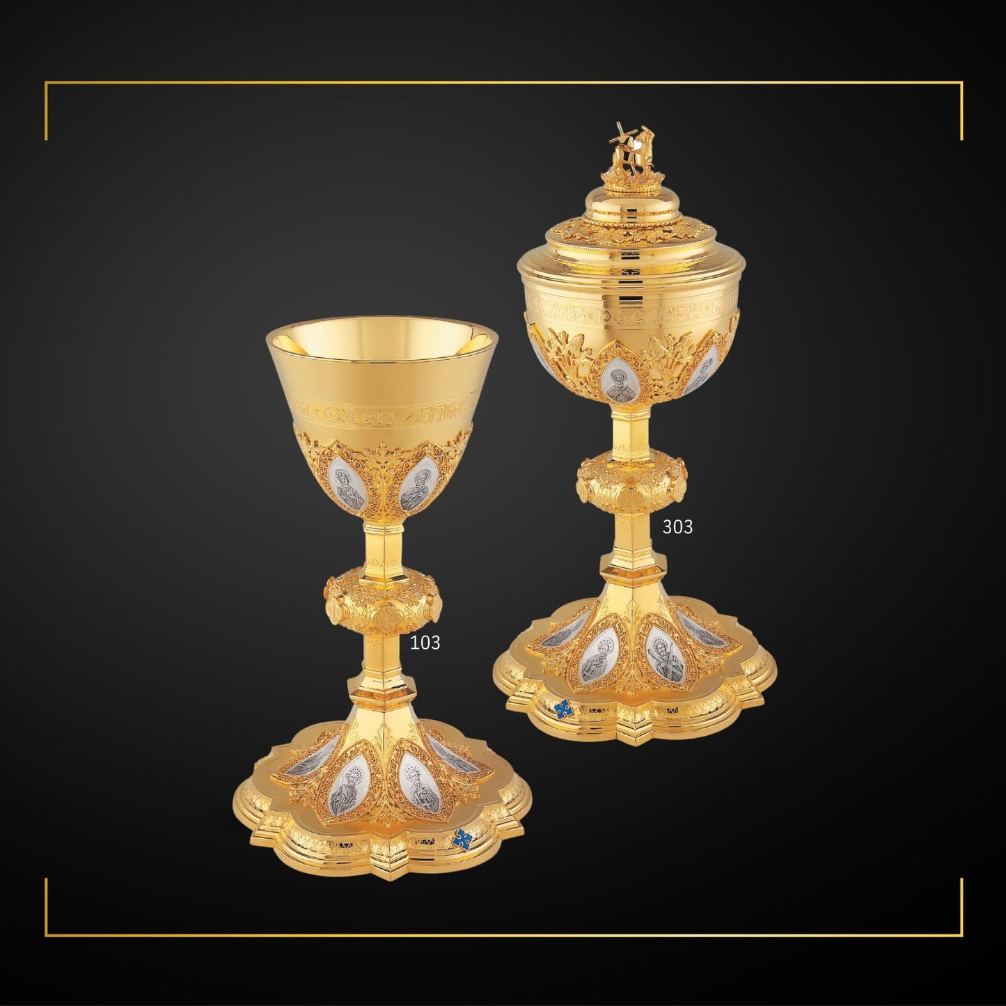 Chalice  and Ciborium Set in neo-gothic style with medallions of the Twelve Apostles and cup inscription: “HIC EST ENIM CALIX SANGUINIS MEI”  Sold by The Clergy Store