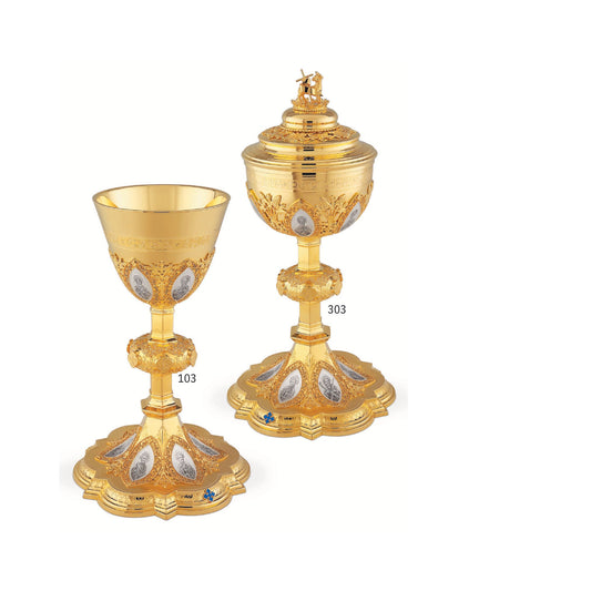 Chalice and Ciborium set in neo-gothic style with medallions of the Twelve Apostles . Sold by The Clergy Store