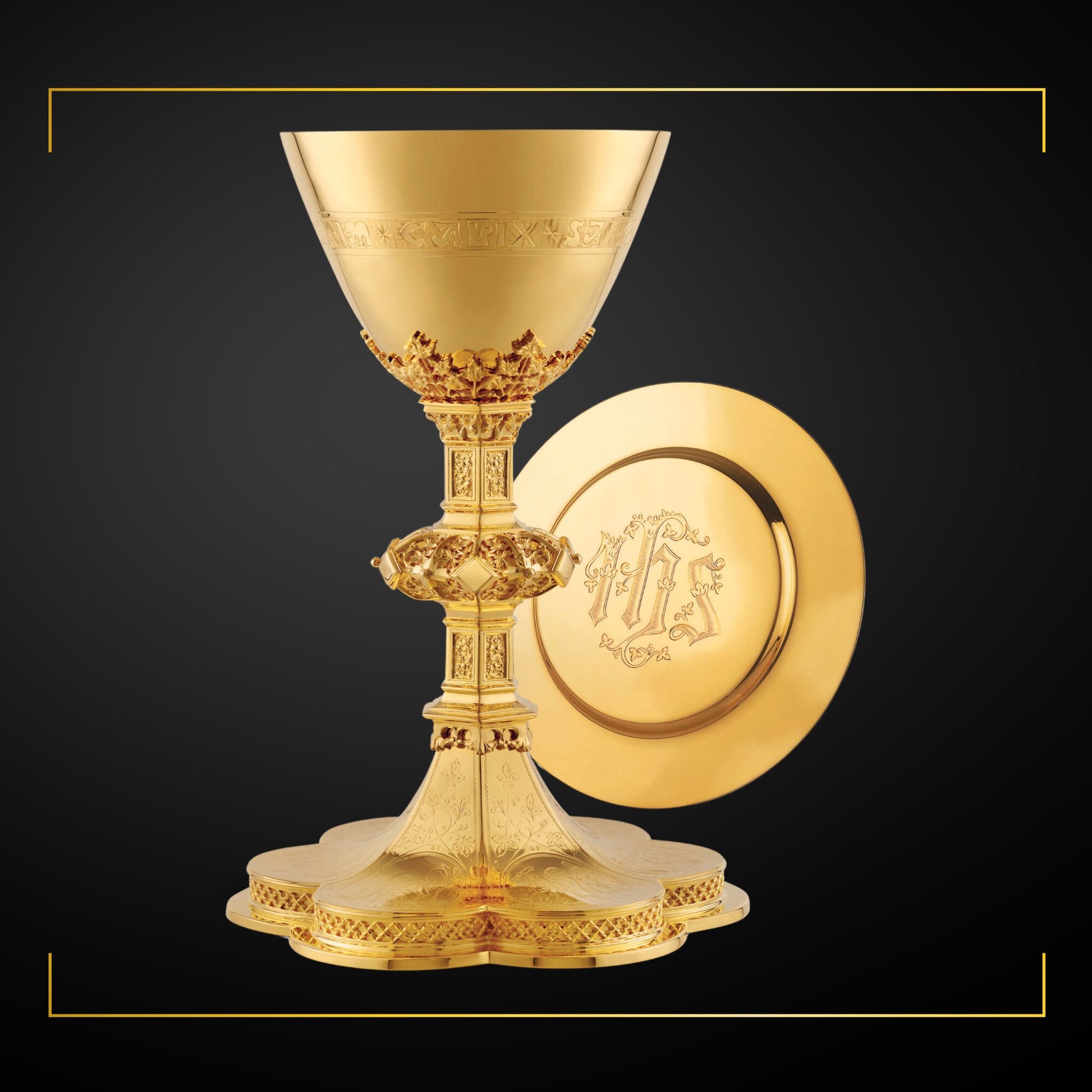 Chalice & Dish Paten in neo-gothic style with scenes from the Old Te
stament and cup inscription:  “HIC  EST  ENIM  CALIX SANGUINIS MEI” 
8 5/8” Ht. sold by The Clergy Store