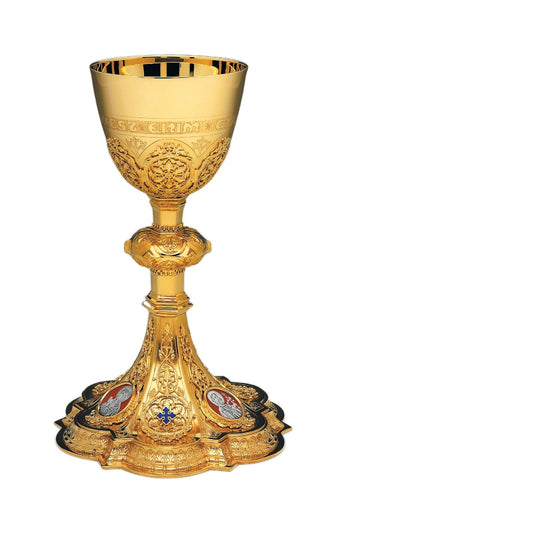 Chalice & Dish Paten in neogothic style with medallions of the Holy 
Family and cup inscription: “HIC  EST  ENIM  CALIX  SANGUINIS  MEI” sold by The Clergy Store