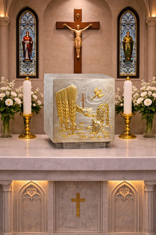 Bronze tabernacle with ears of wheat and grapes in a silver finish. Made in Italy and sold by The Clergy Store