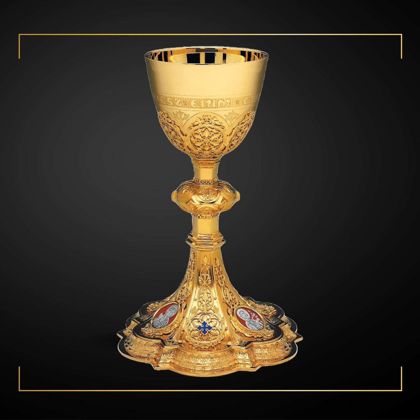 Chalice & Dish Paten in neogothic style with medallions of the Holy 
Family and cup inscription: “HIC  EST  ENIM  CALIX  SANGUINIS  MEI” sold by The Clergy Store