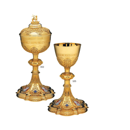 Chalice & Ciborium set Dish in neogothic style with medallions of the Holy Family sold by The Clergy Store