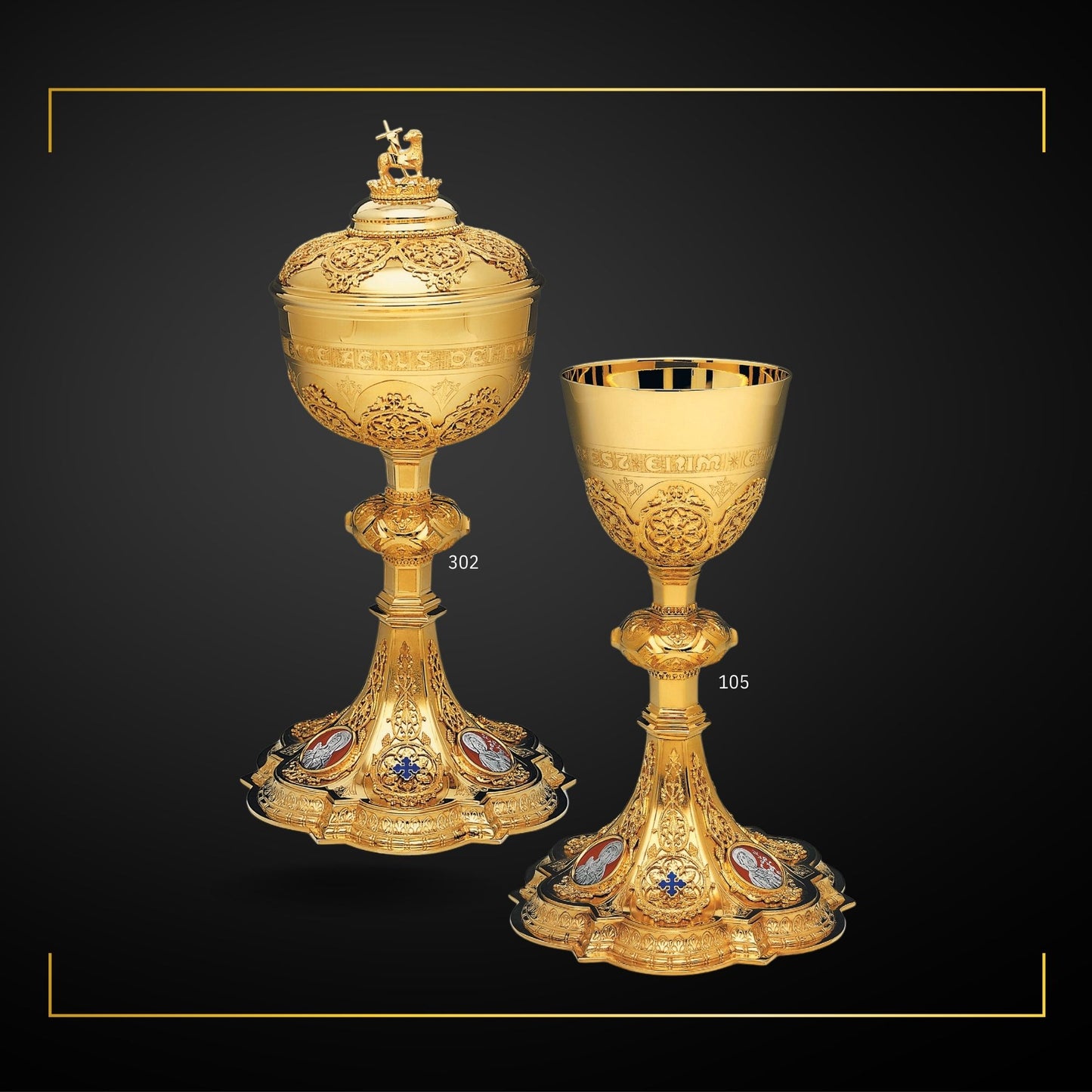 Chalice & Ciborium set Dish in neogothic style with medallions of the Holy Family sold by The Clergy Store