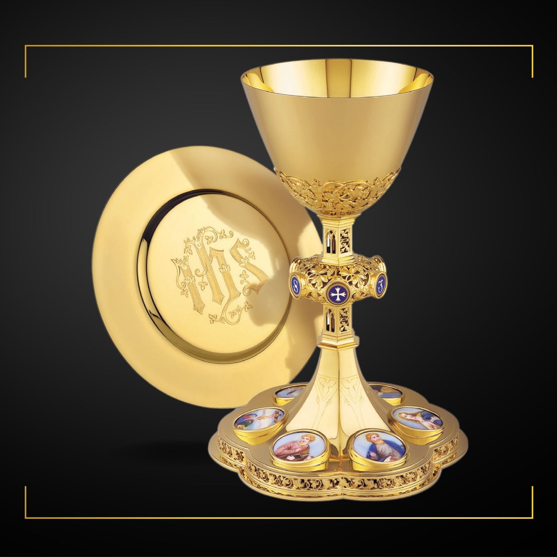  Chalice & Dish Paten in neo-gothic style with medallions of the Four 
Evangelists, the Mother of  God and the Crucifixion,  9 1/4” Ht. Sold by The Clergy Store