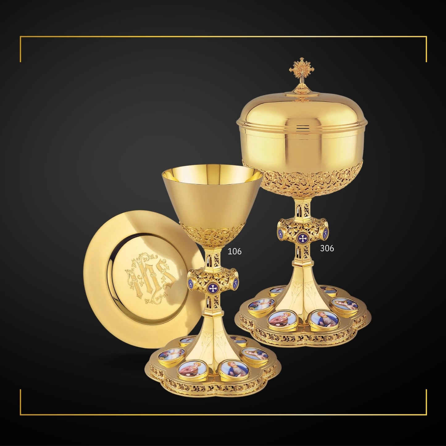 Chalice & Ciborium set Dish neo-gothic style with medallions of the Four Evangelists, the Mother of  God and the Crucifixion,. Sold by The Clergy Store