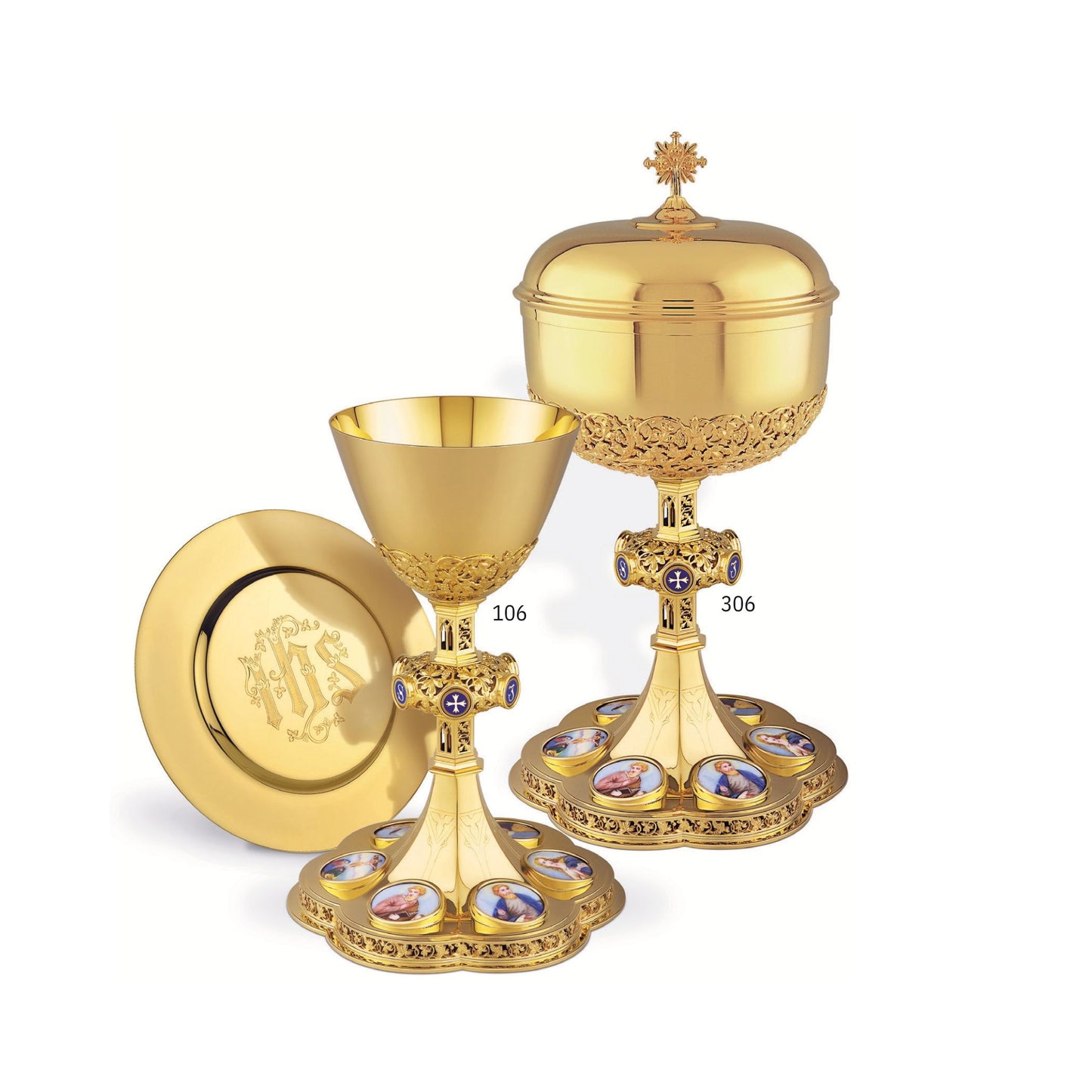 Chalice & Ciborium set Dish neo-gothic style with medallions of the Four Evangelists, the Mother of  God and the Crucifixion,. Sold by The Clergy Sto