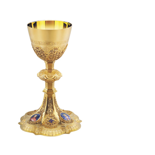 Chalice & Dish Paten in neo-gothic style with enameled medallions of 
the Holy Family and cup inscription: “HIC EST ENIM CALIX SANGUINIS 
MEI” ,  8 5/8” Ht. sold by The Clergy Store