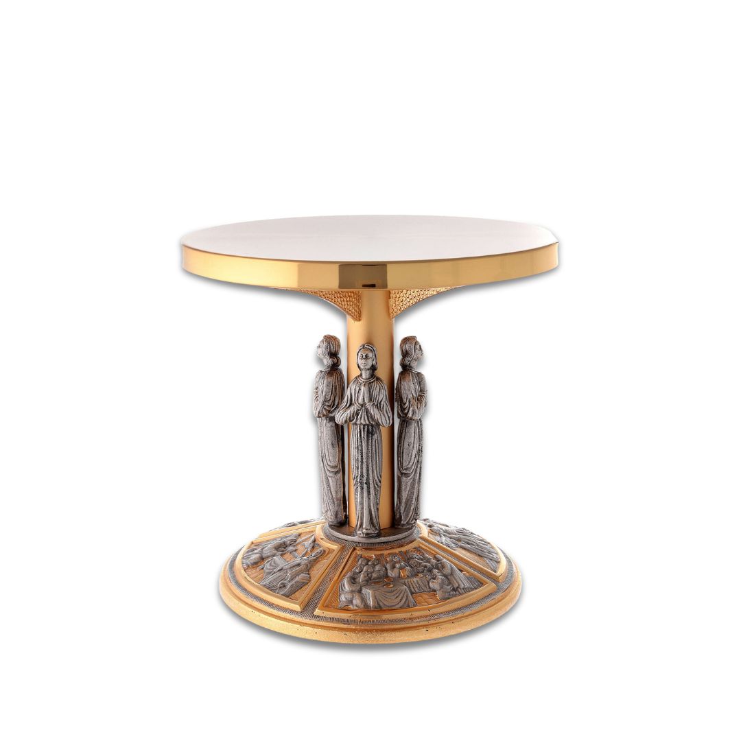Thabor monstrance stand with silver angels and images of the Life of Christ. Made in Italy and sold by The Clergy Store