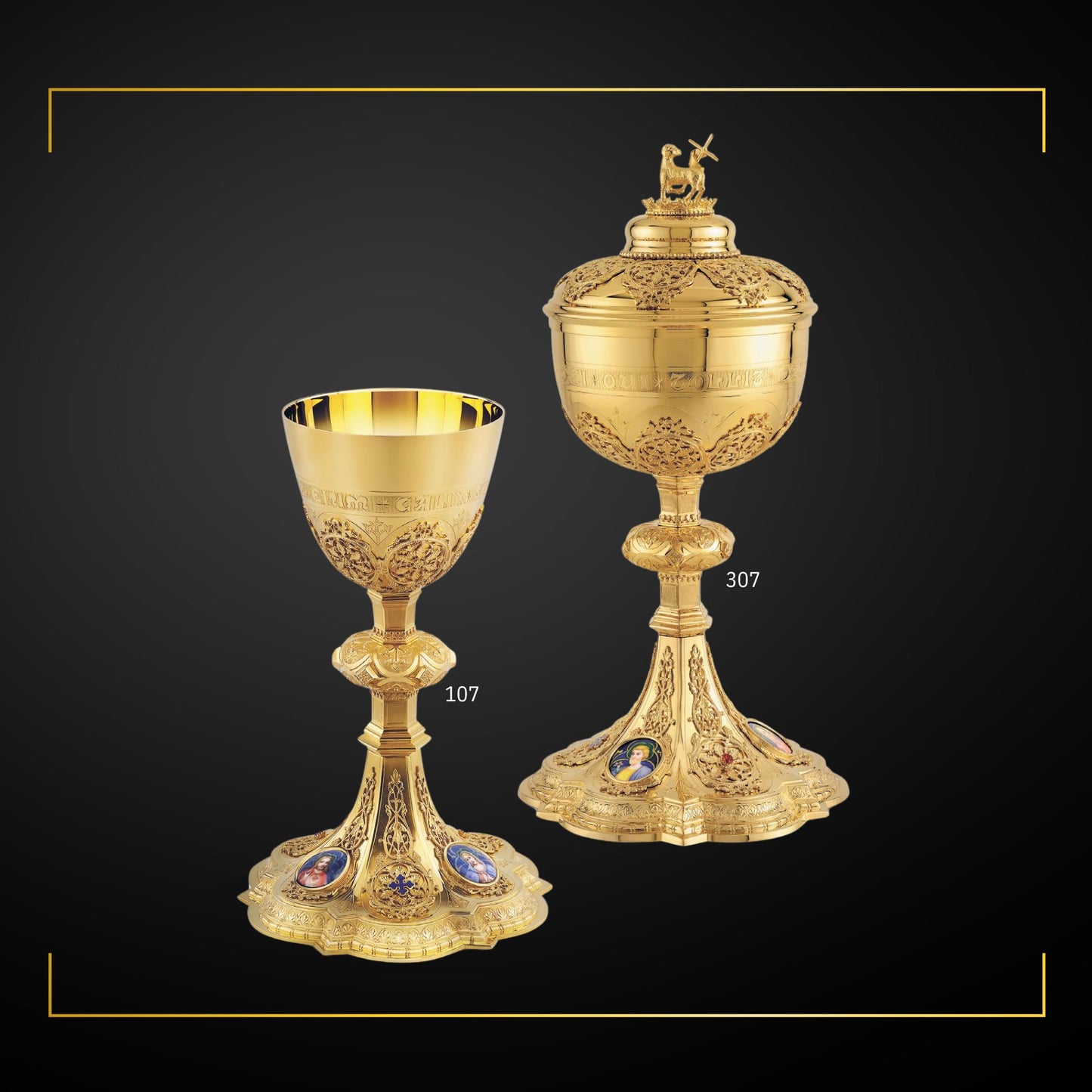 Chalice & Ciborium set in neo-gothic style with enameled medallions of the Holy Family and cup inscription: Sold by The Clergy Store