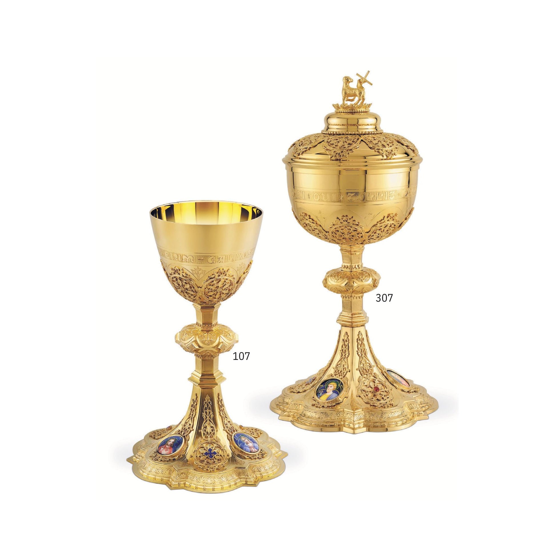 Chalice & Ciborium set in neo-gothic style with enameled medallions of the Holy Family and cup inscription: Sold by The Clergy Store