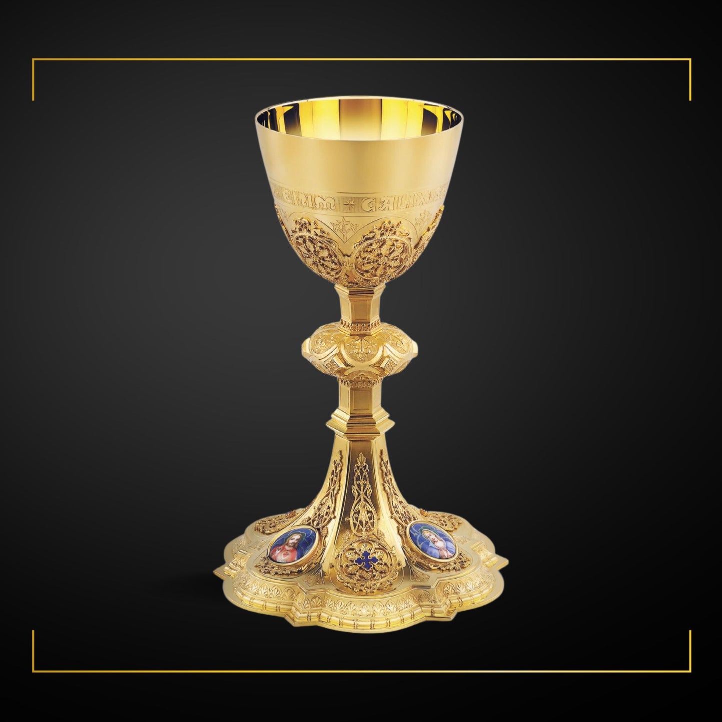 Chalice & Dish Paten in neo-gothic style with enameled medallions of 
the Holy Family and cup inscription: “HIC EST ENIM CALIX SANGUINIS 
MEI” ,  8 5/8” Ht. sold by The Clergy Store