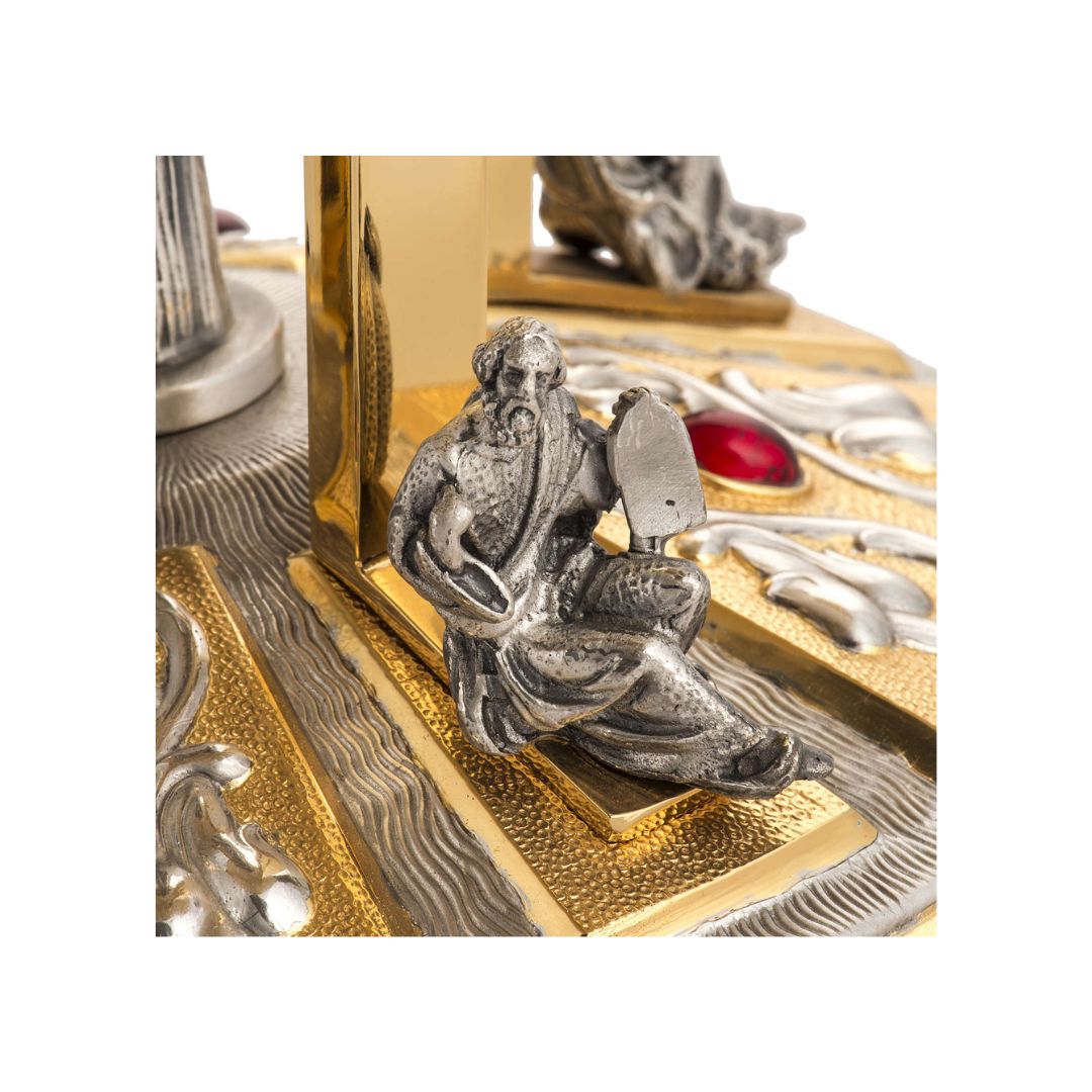 Thabor monstrance stand with silver four evangelist, lilies and red stones. Made in Italy and sold by The Clergy Store