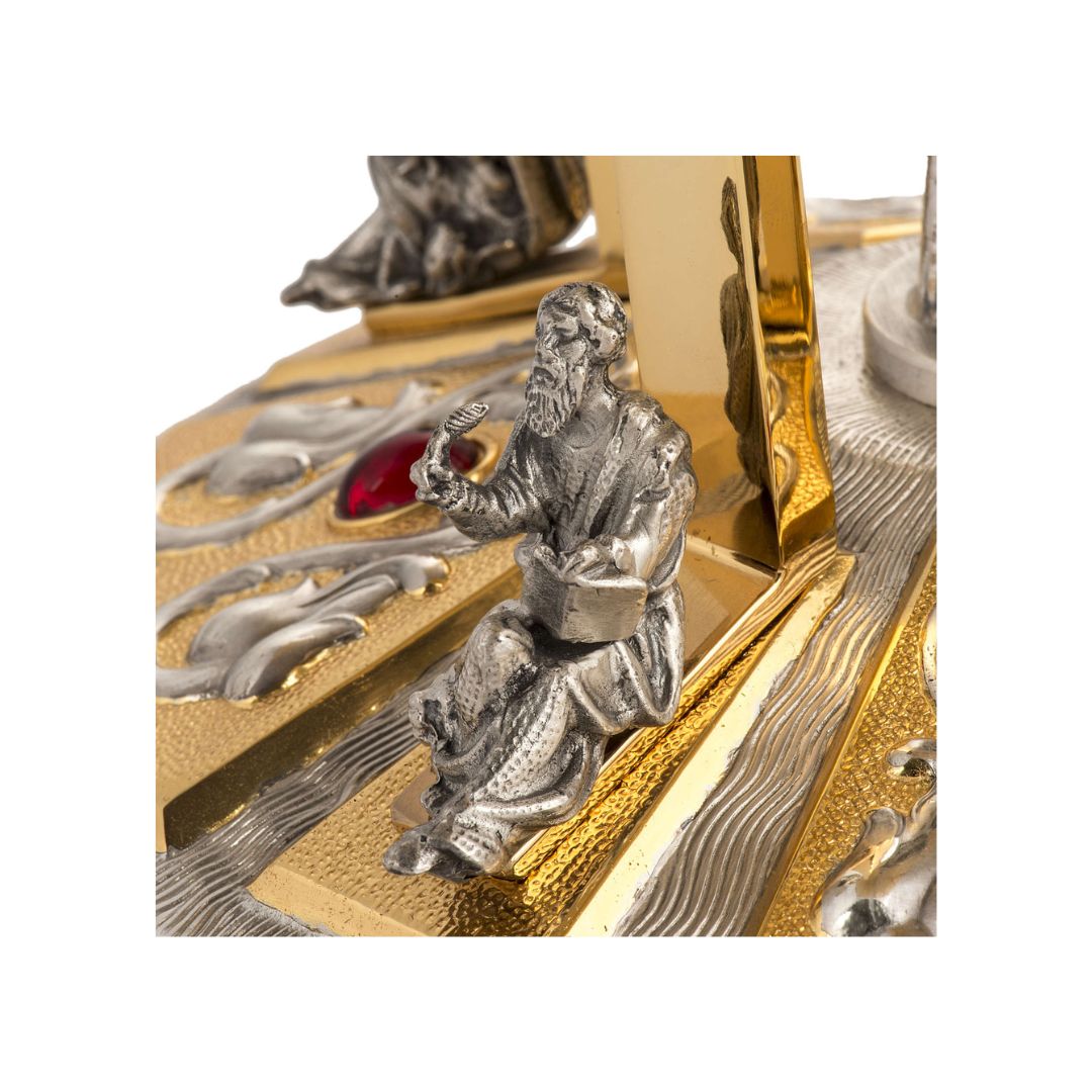 Thabor monstrance stand with silver four evangelist, lilies and red stones. Made in Italy and sold by The Clergy Store