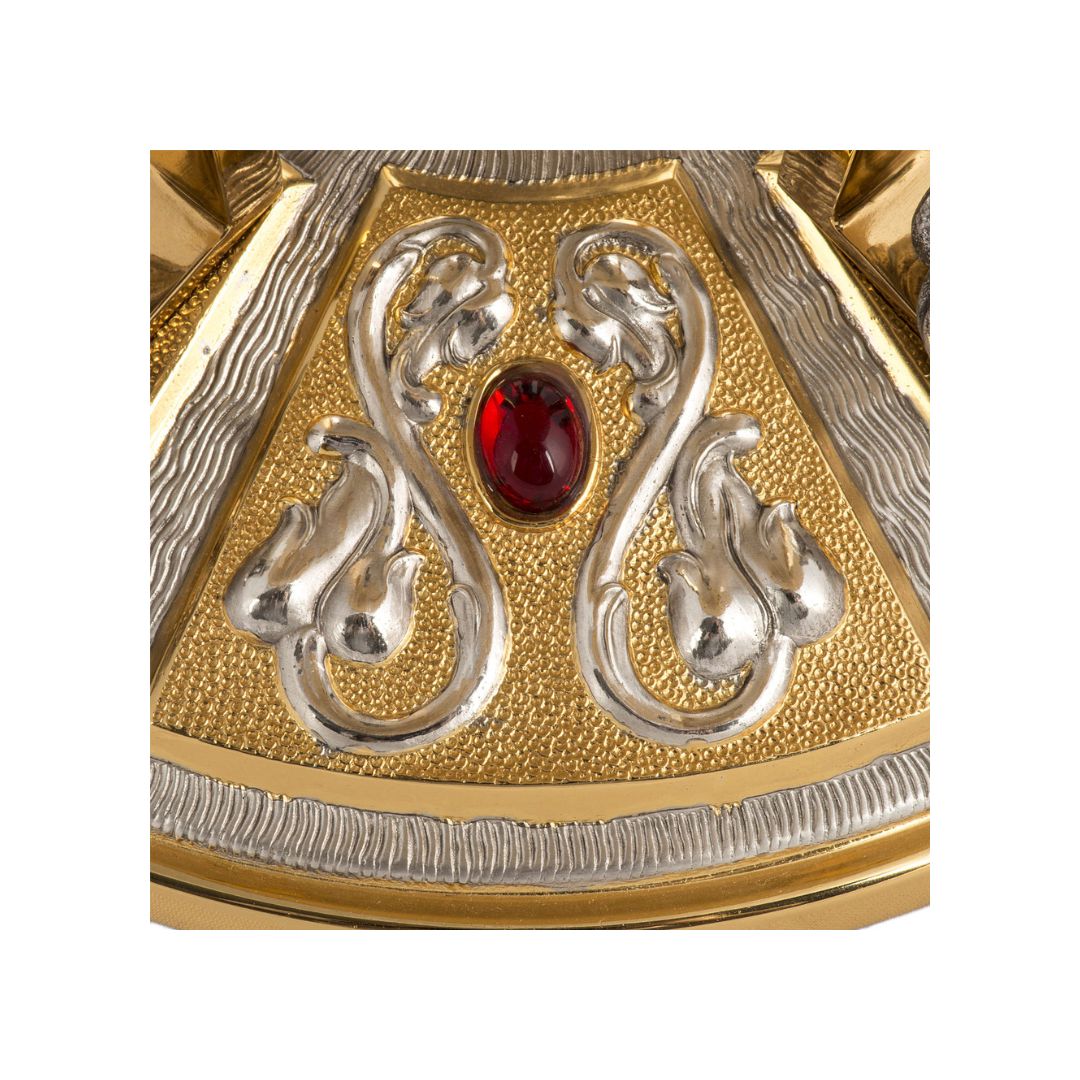 Thabor monstrance stand with silver four evangelist, lilies and red stones. Made in Italy and sold by The Clergy Store