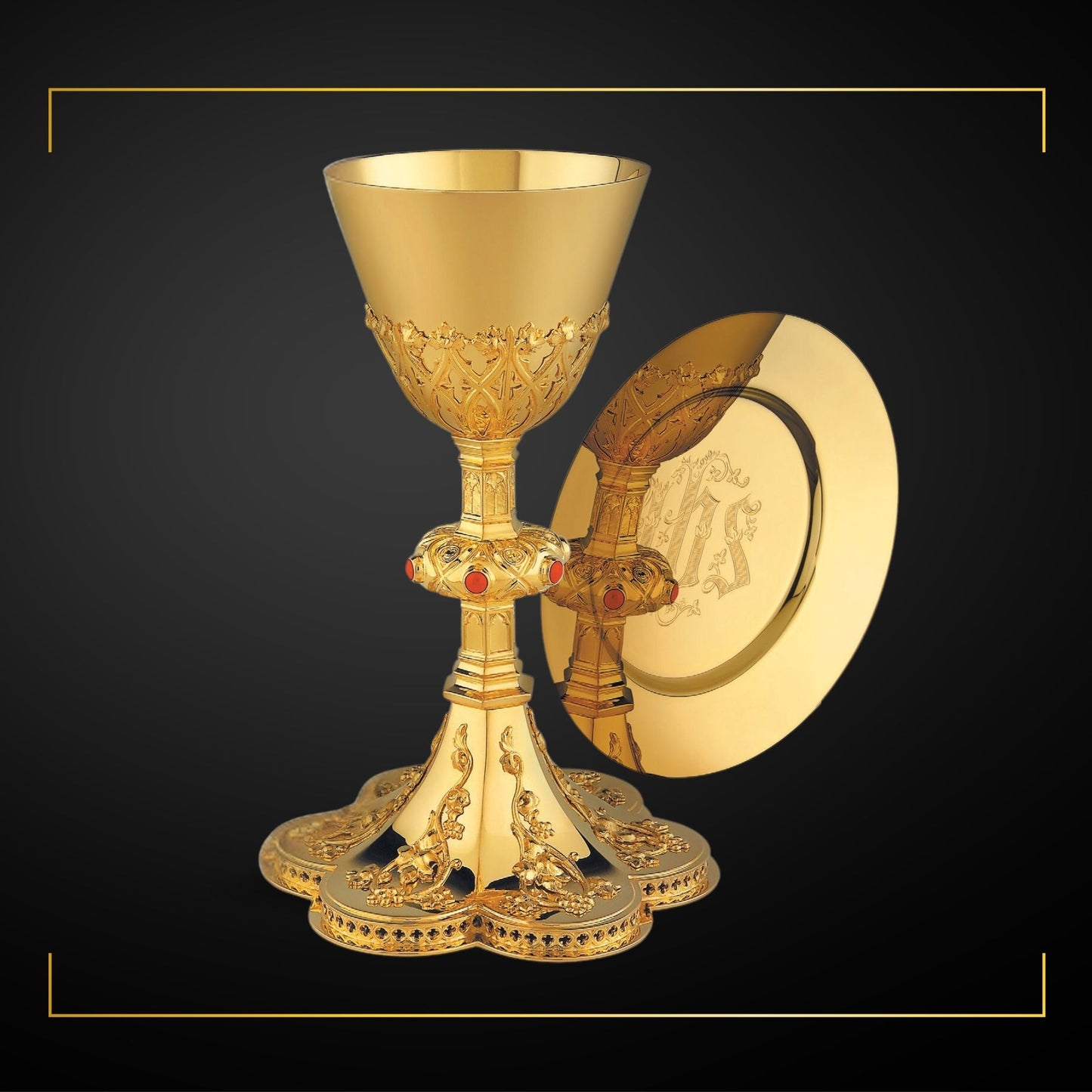 Chalice & Paten in neo-gothic style with elaborate floral design 8 5/8” 
Ht.  Sold by The Clery Store