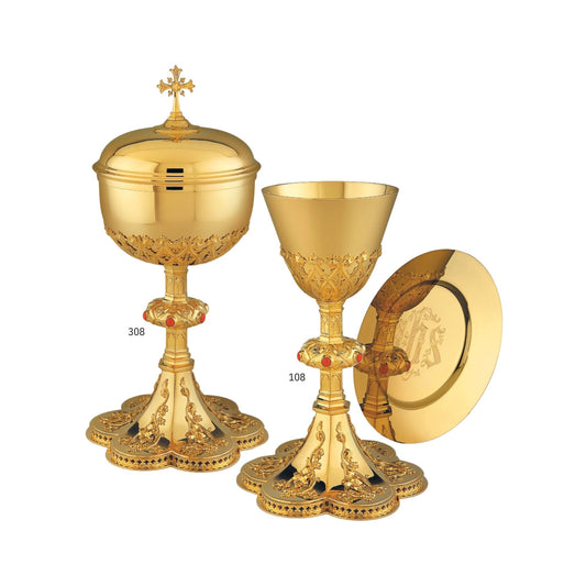 Chalice & Ciborium set in neo-gothic style with elaborate floral design.  Sold by The Clery Store