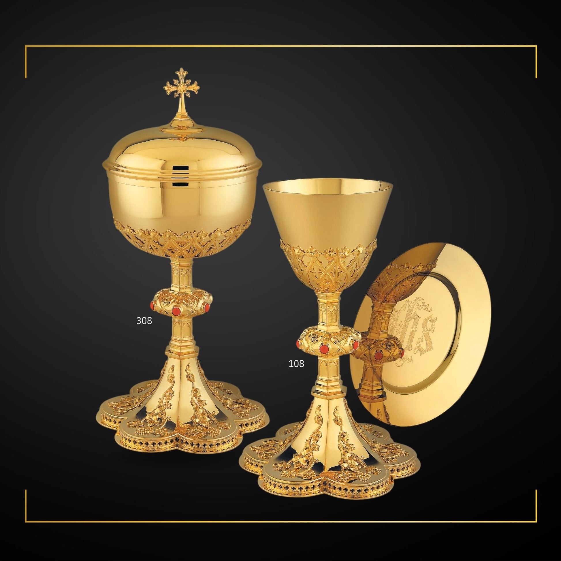 Chalice & Ciborium set in neo-gothic style with elaborate floral design.  Sold by The Clery Store