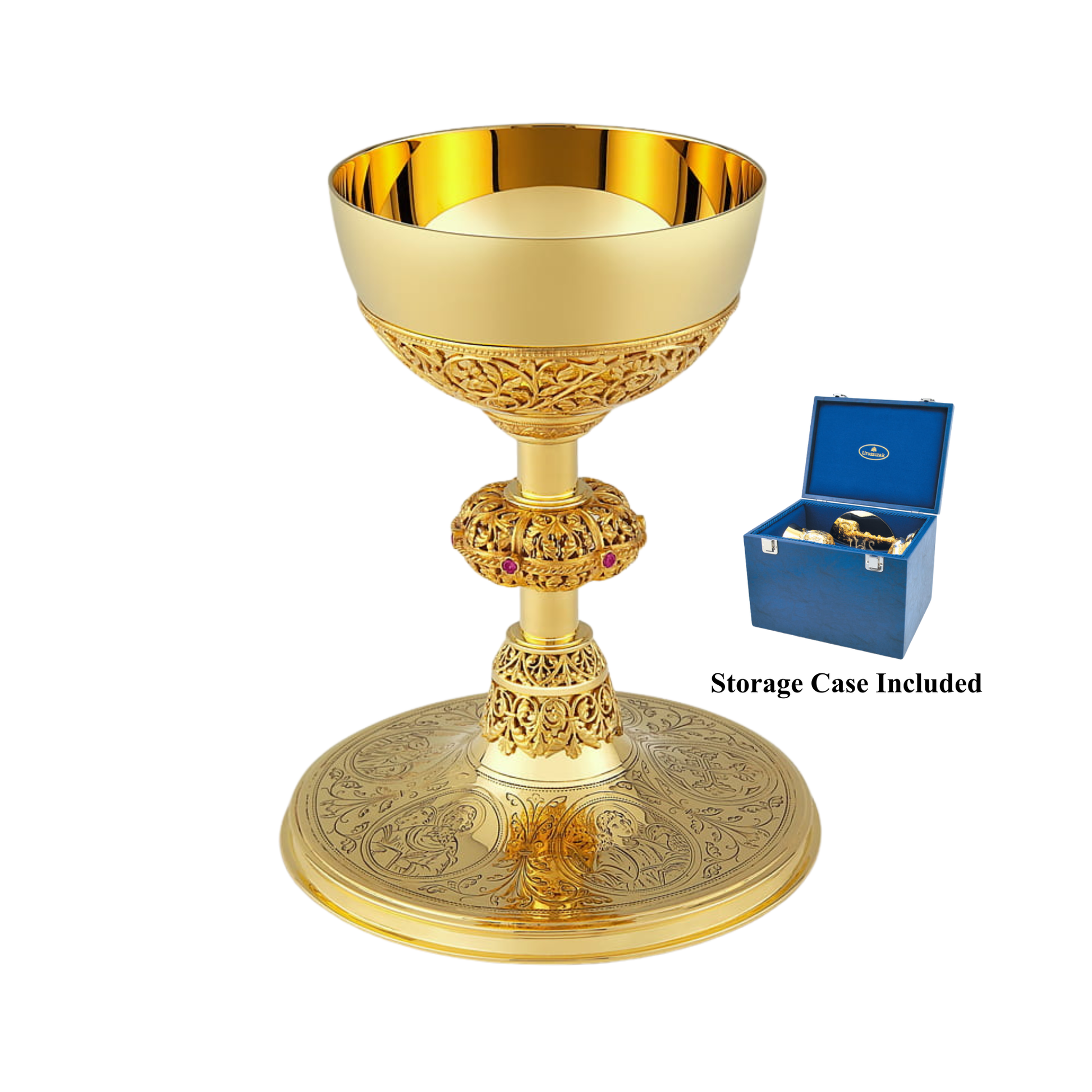 Chalice and Paten in the Taditional Style,  featuring Engraved Images of the Four Evangelists with Case