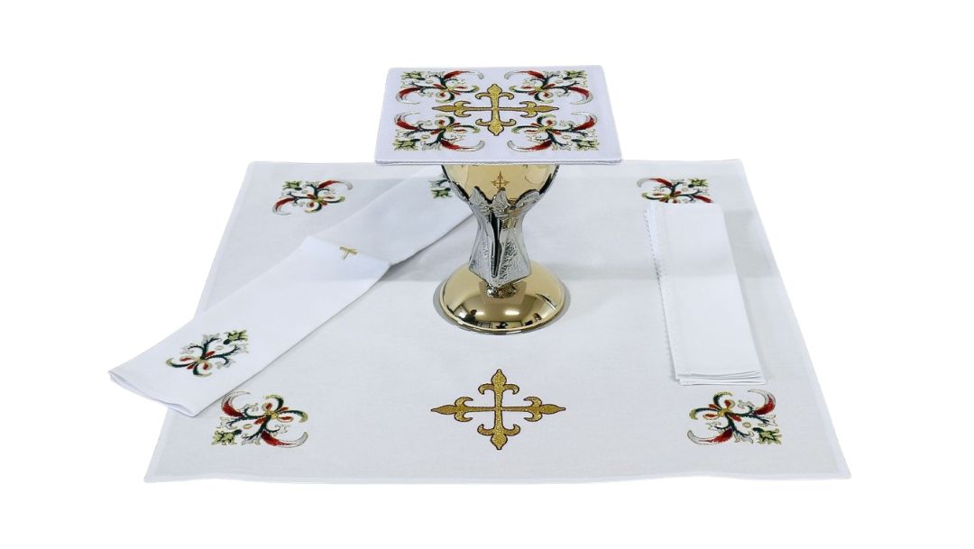 Church mass linen set with gold embroidered crosses 100% Cotton Sold by The Clergy Store