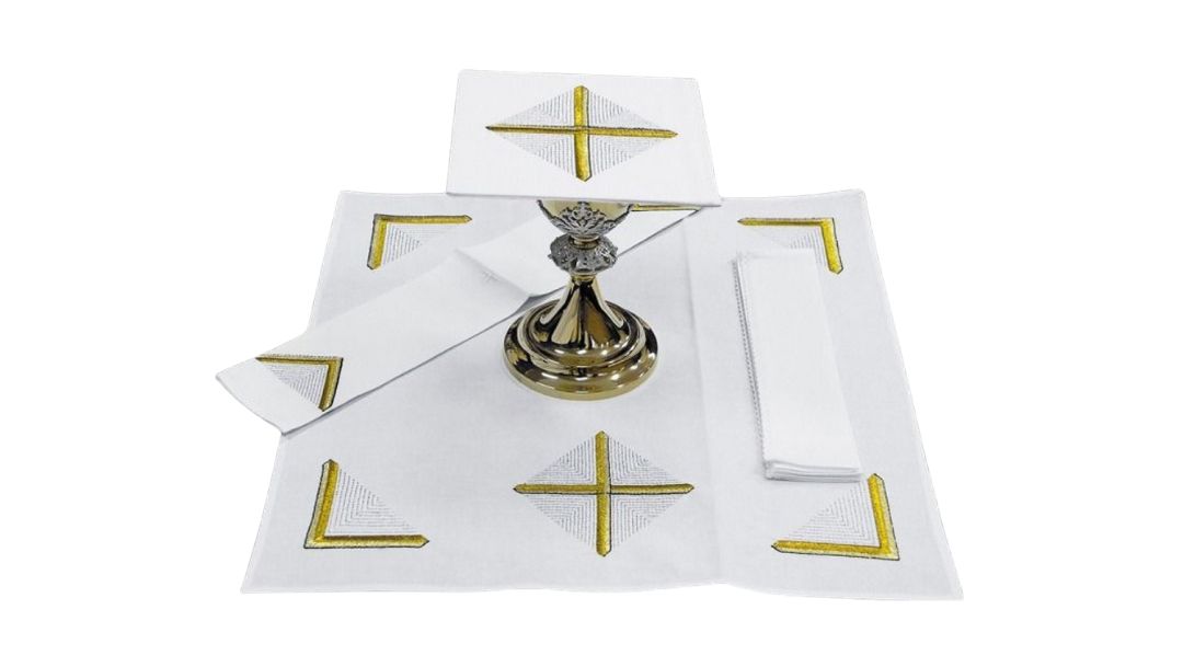 Church mass linen set with gold embroidered crosses 100% Cotton Sold by The Clergy Store