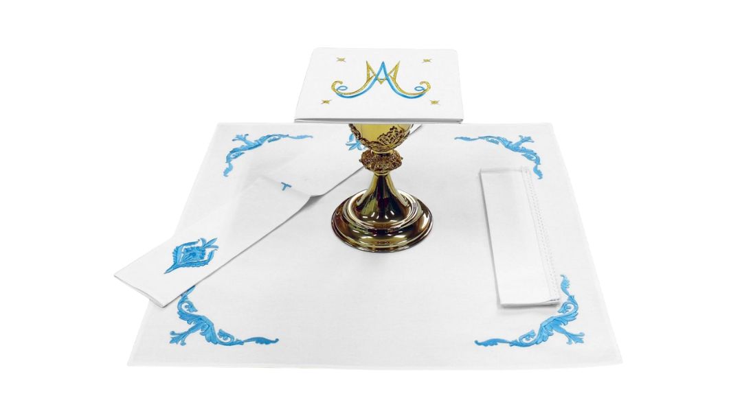 Church mass linen set with marian embroidered crosses 100% Cotton Sold by The Clergy Store