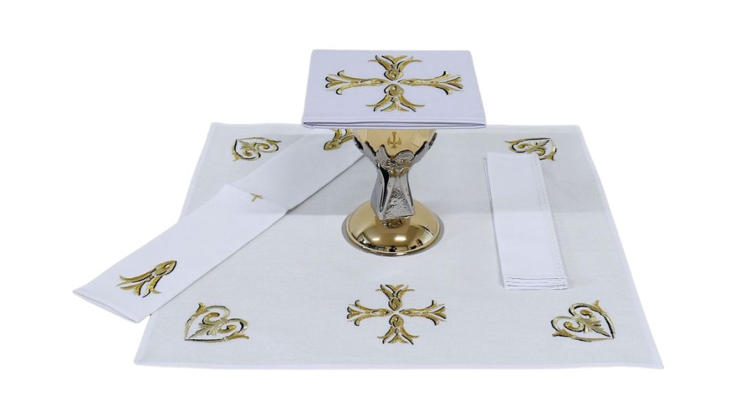 Church mass linen set with gold embroidered crosses 100% Cotton Sold by The Clergy Store