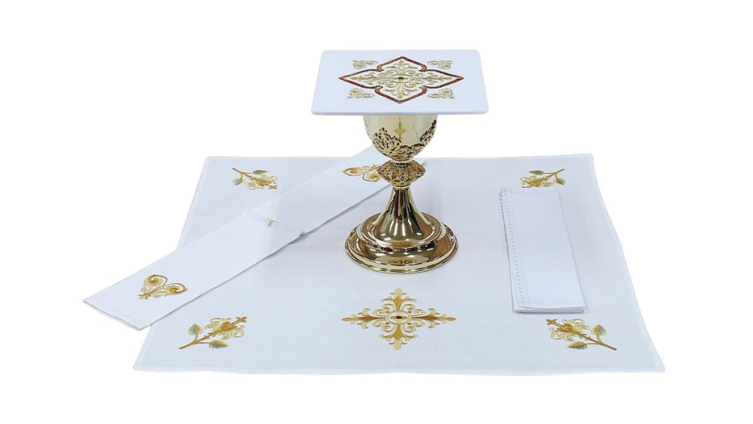 Church mass linen set with gold embroidered crosses 100% Cotton Sold by The Clergy Store