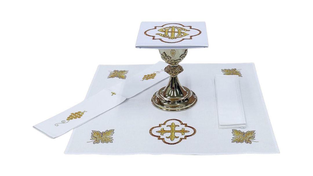 Church mass linen set with IHS, Leaves and Grapes embroidered crosses 100% Cotton Sold by The Clergy Store