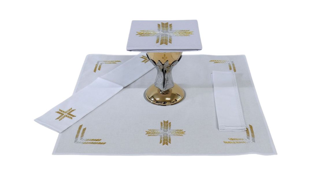 Church mass linen set with gold embroidered crosses 100% Cotton Sold by The Clergy Store