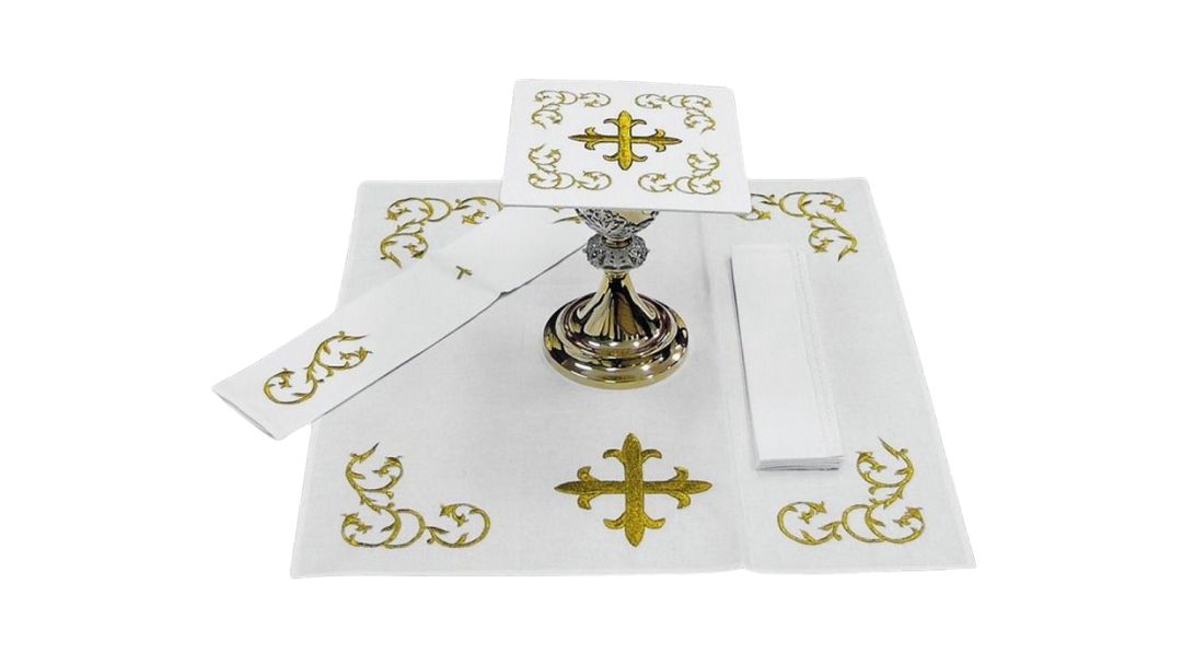 Church mass linen set with gold embroidered crosses 100% Cotton Sold by The Clergy Store