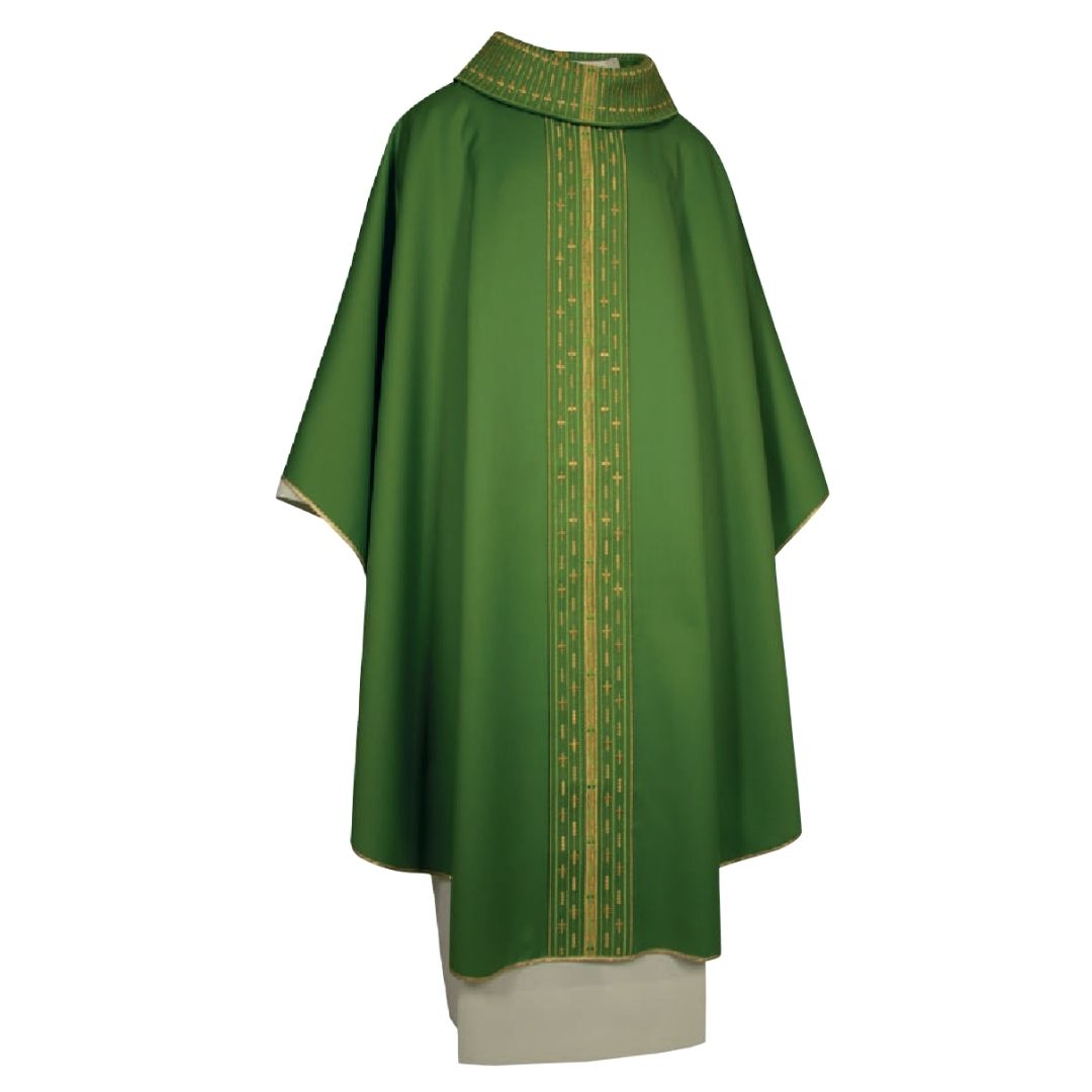 Gothic Chasube with embroidered mini crosses on orphrey on pure green wool made in italy and sold by The Clergy Store