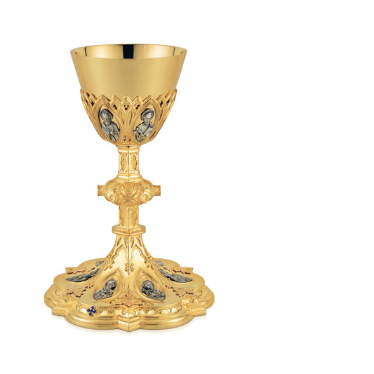 Chalice & Scale Paten in neo-gothic style with medallions of the Twelve 
Apostles  9” Ht. sold by The Clergy Store