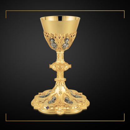 Chalice & Scale Paten in neo-gothic style with medallions of the Twelve 
Apostles  9” Ht. sold by The Clergy Store