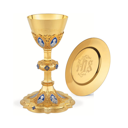 Chalice & Dish Paten in neo-gothic style with enameled medallions 
of the Twelve Apostles and cup inscription: “HIC EST ENIM CALIX SAN GUINIS MEI” ,  9 7/8” Ht. sold by The Clergy Store