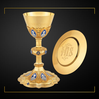 Chalice & Dish Paten in neo-gothic style with enameled medallions 
of the Twelve Apostles and cup inscription: “HIC EST ENIM CALIX SAN GUINIS MEI” ,  9 7/8” Ht. sold by The Clergy Store