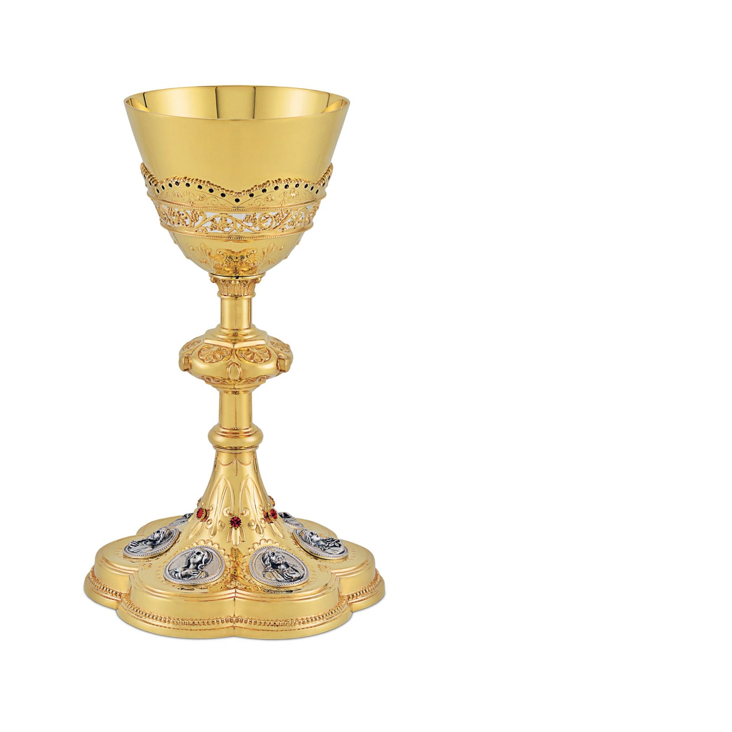 Chalice & Scale Paten in neogothic style with medallions of the Holy 
Family and saints,  9 1/4” Ht. sold by The Clergy Store