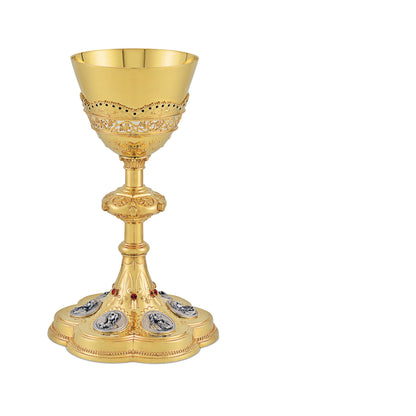 Chalice & Scale Paten in neogothic style with medallions of the Holy 
Family and saints,  9 1/4” Ht. sold by The Clergy Store